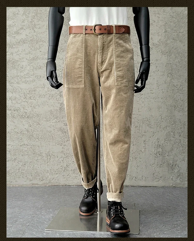 Amei Khaki Style Vintage Cotton Khaki Corduroy Cargo Wide Leg Pants Day Loose Tapered Foot Pants