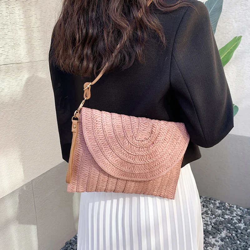 Summer Travel Beach Bag Straw Woven Clutch Bag Fashion Designer Crossbody Shoulder Bag for Women Handbag Ladies Wrist Wicker Bag