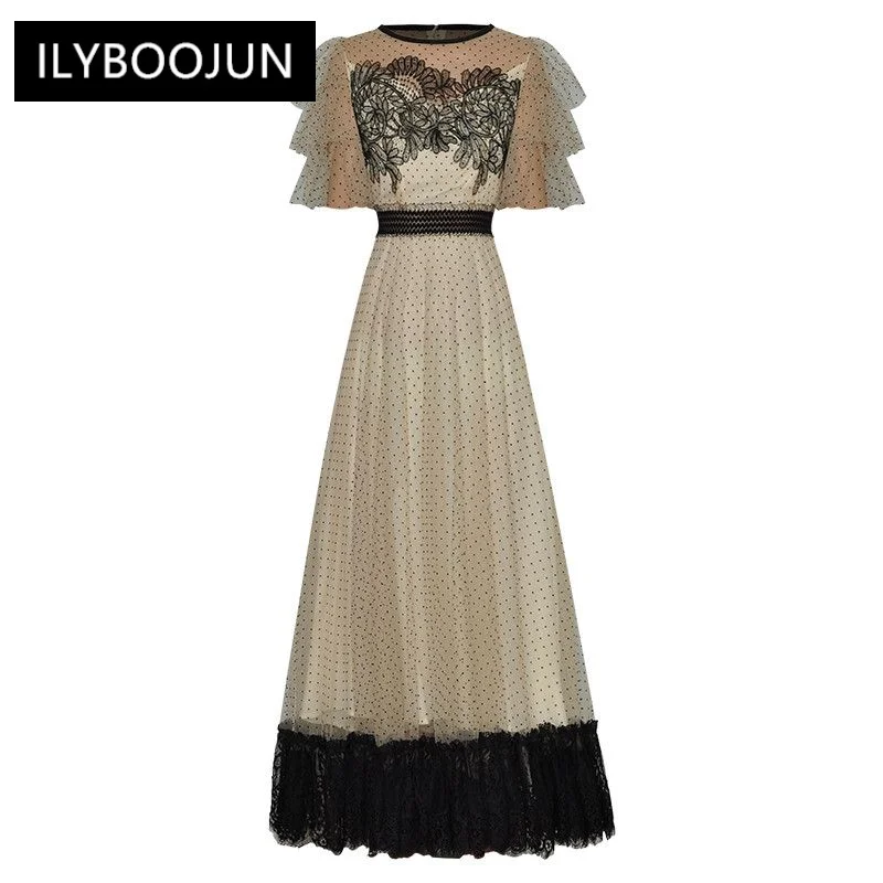 

Dresses For Women 2023 Luxury Brand High Polka Dot Mesh Dress Women's O-Neck Ruffles Embroidery Elastic Waist Lace Long Dress
