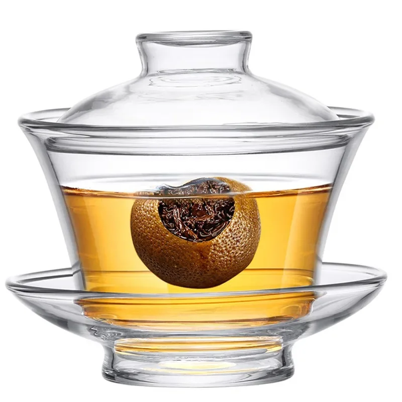 Chinese Japanese Style Glass Gaiwan Covered Bowl Tea Cup and Lid Gold Painted Gongfu Tea 200ml