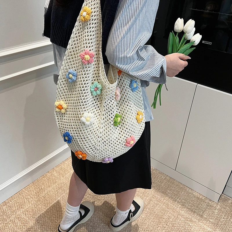 Women Flower Knitted Shoulder Bag Fashion Handbag Lightweight Crochet Tote Bag Casual Top Handle Bag Outdoor Travel Bag