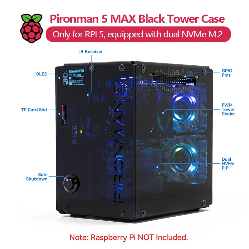 Pironman 5 MAX, Black Tower Case for Raspberry Pi 5, equipped with