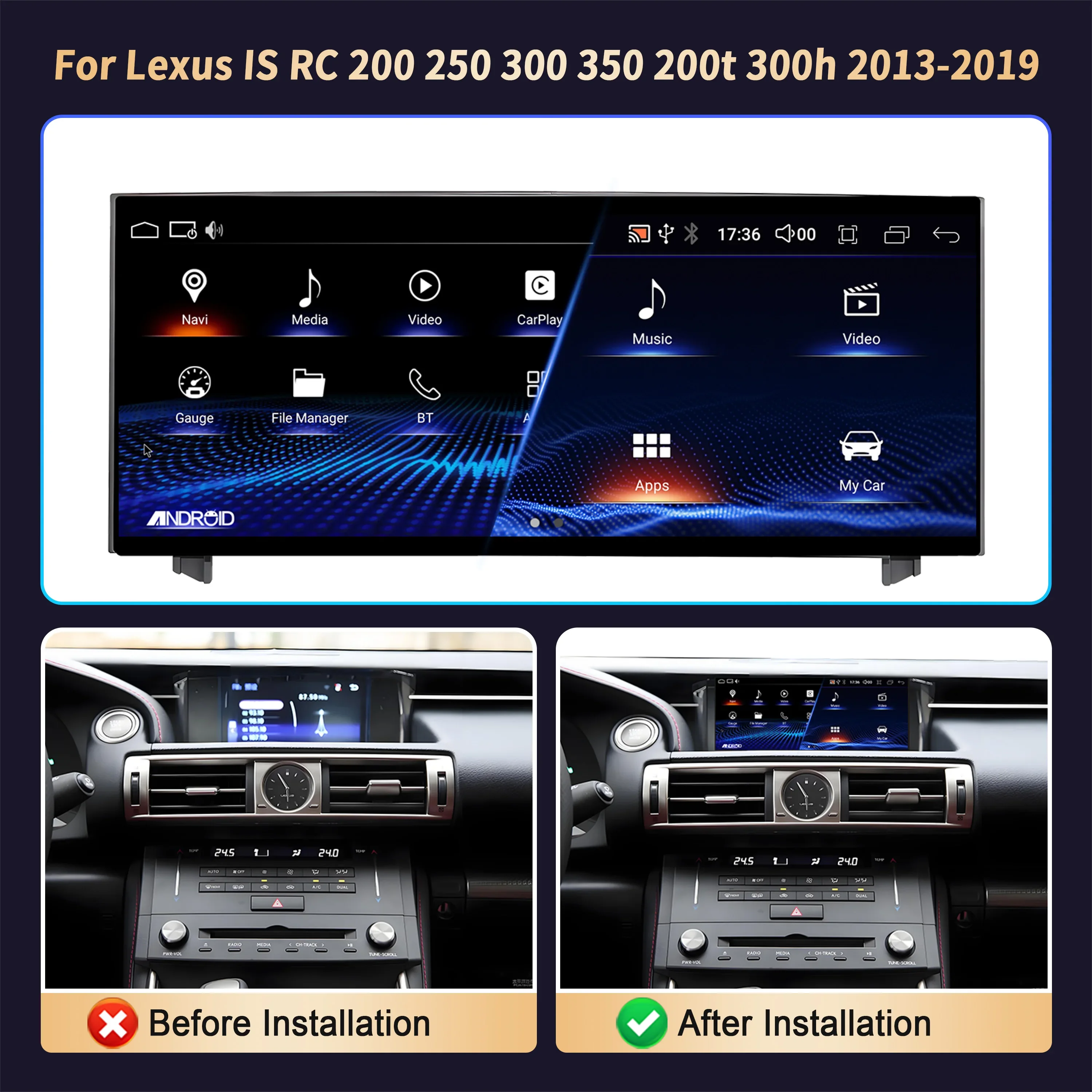10,25 "para Lexus IS RC 200 250 300 350 200t 300h 2013-2019 Radio de coche navegación Multimedia inalámbrica CarPlay pantalla táctil estéreo 2