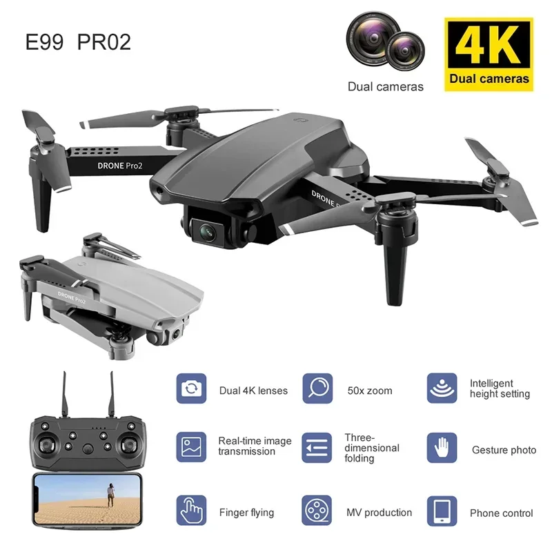 

WIFI FPV Aerial Photography Helicopter Foldable Quadcopter Dron ToyGift E99 Pro Drone with 4k HD Dual Camera