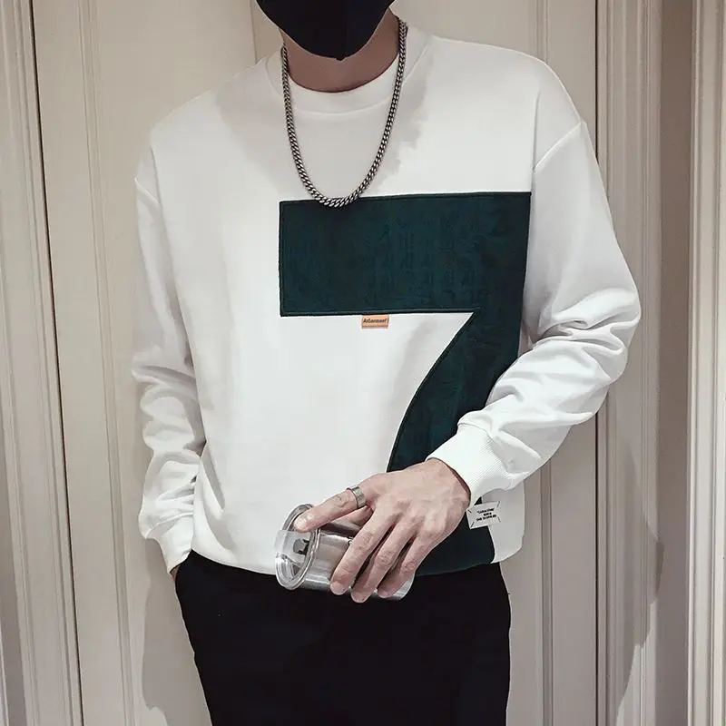 Casual Daily Round Neck Sweatshirts Letter Printed Spring Autumn Men's Clothing Stylish Patchwork Long Sleeve Korean Pullovers