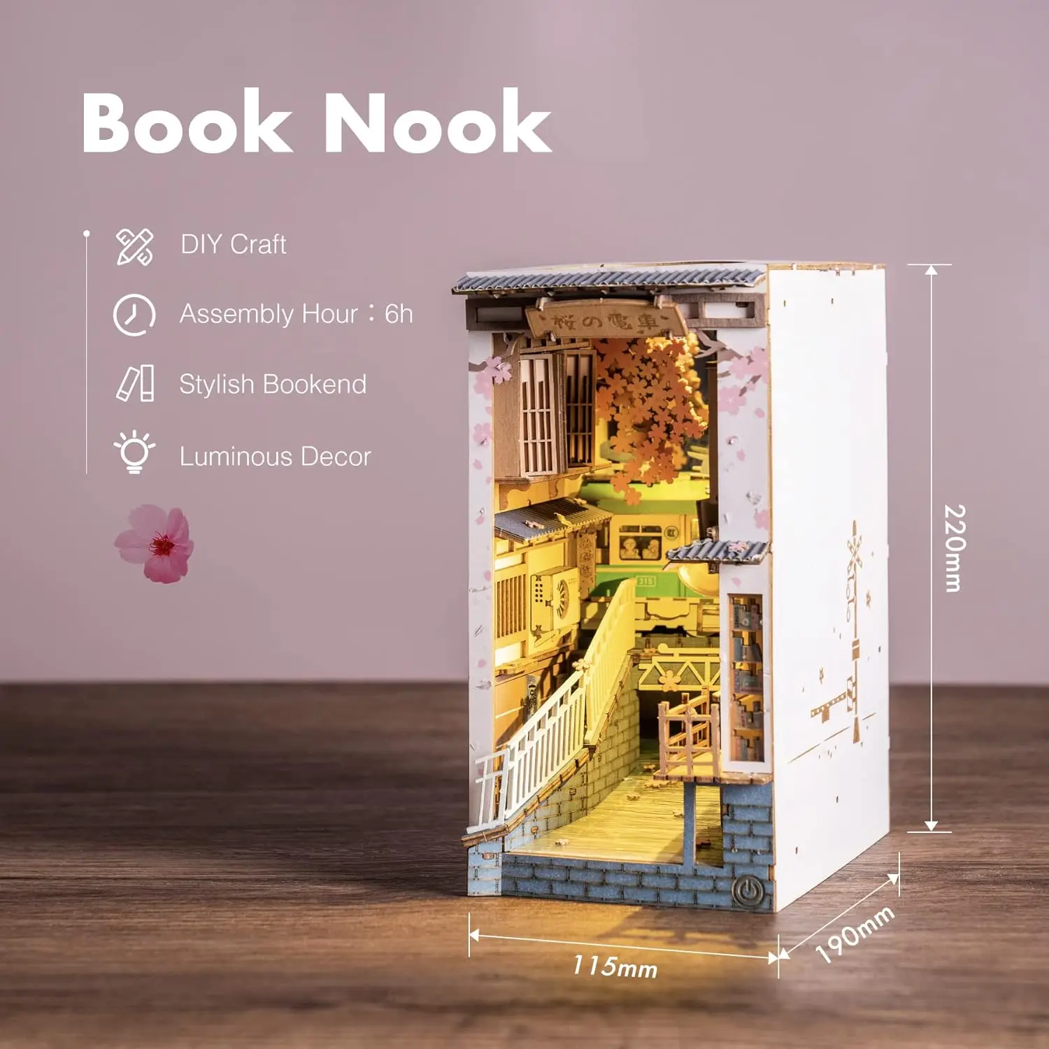 Robotime Wooden Book Nook Dollhouse Kit Puzzle House Model Building Kits with LED Lights Sakura Densya Sunshine Town Gardenhouse 5