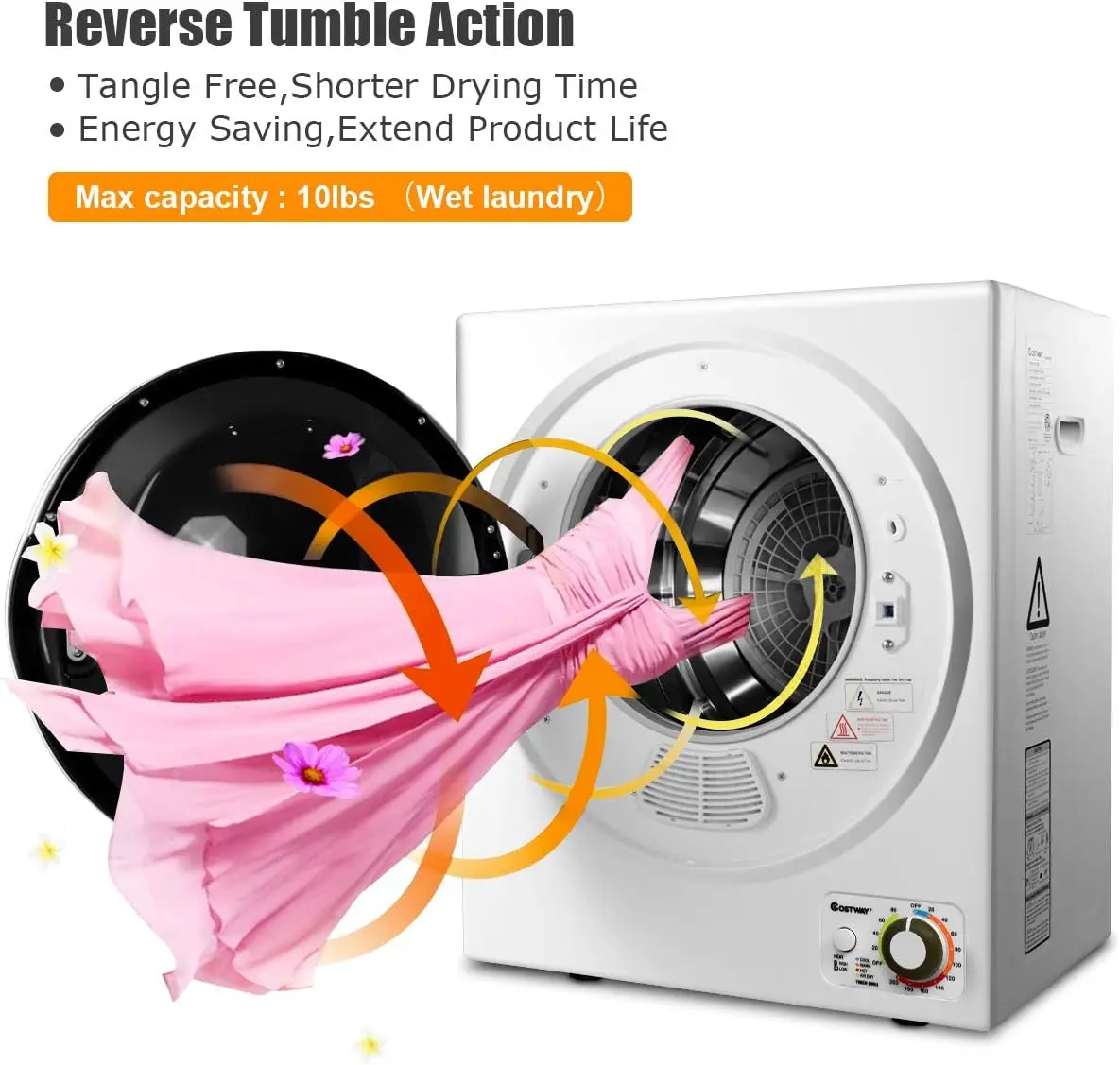 Electric Portable Clothes Stainless Steel Tub Laundry Dryer, for 4 Automatic Drying Mode, White 2