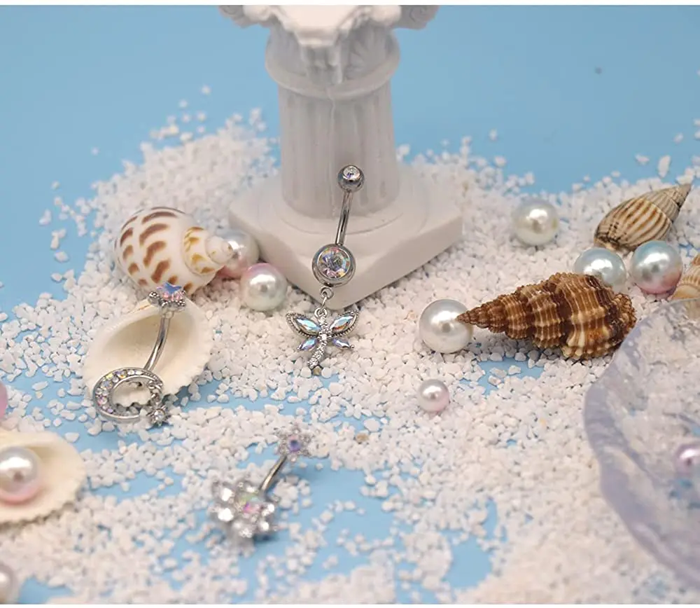 6 stücke Lange Baumelnde Blume Schmetterling Biene Bauchnabel Ring Sets Gold Farbe Körper Nabel Piercing Nombril Herz Gebogene Bauch schmuck – Detail 20