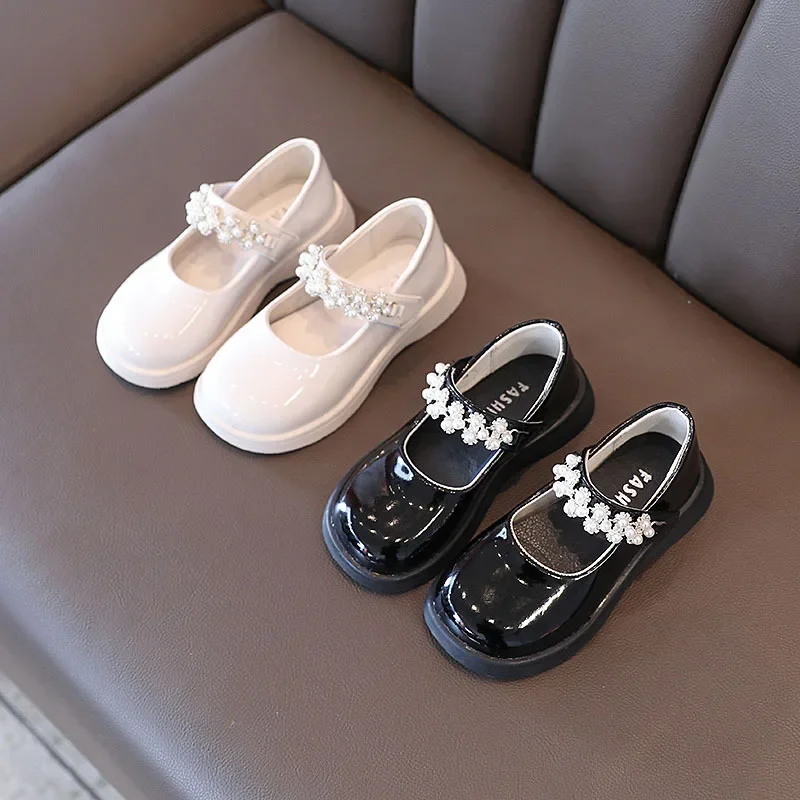 Girls Patent Leather Shoes for Wedding Party Black White School Shoes Kids Pearl Princess Fashion Versatile Mary Janes