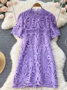 High Quality Solid Hollow Out Lace Straight Dress Casual Short Sleeve Short Sleeve Stand Collar Short Dresses for Women Robes