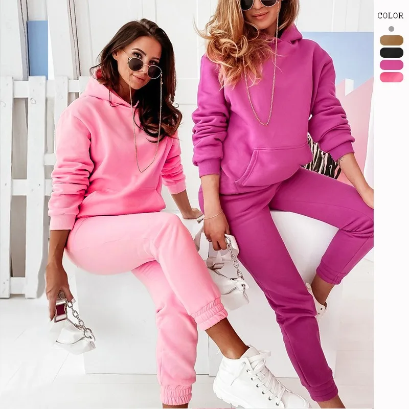 

Fashion Casual Solid Color Kangaroo Pocket Two-piece Autumn Winter Hooded Sports Casual Hoodie Long Sleeve Suit Trousers Women