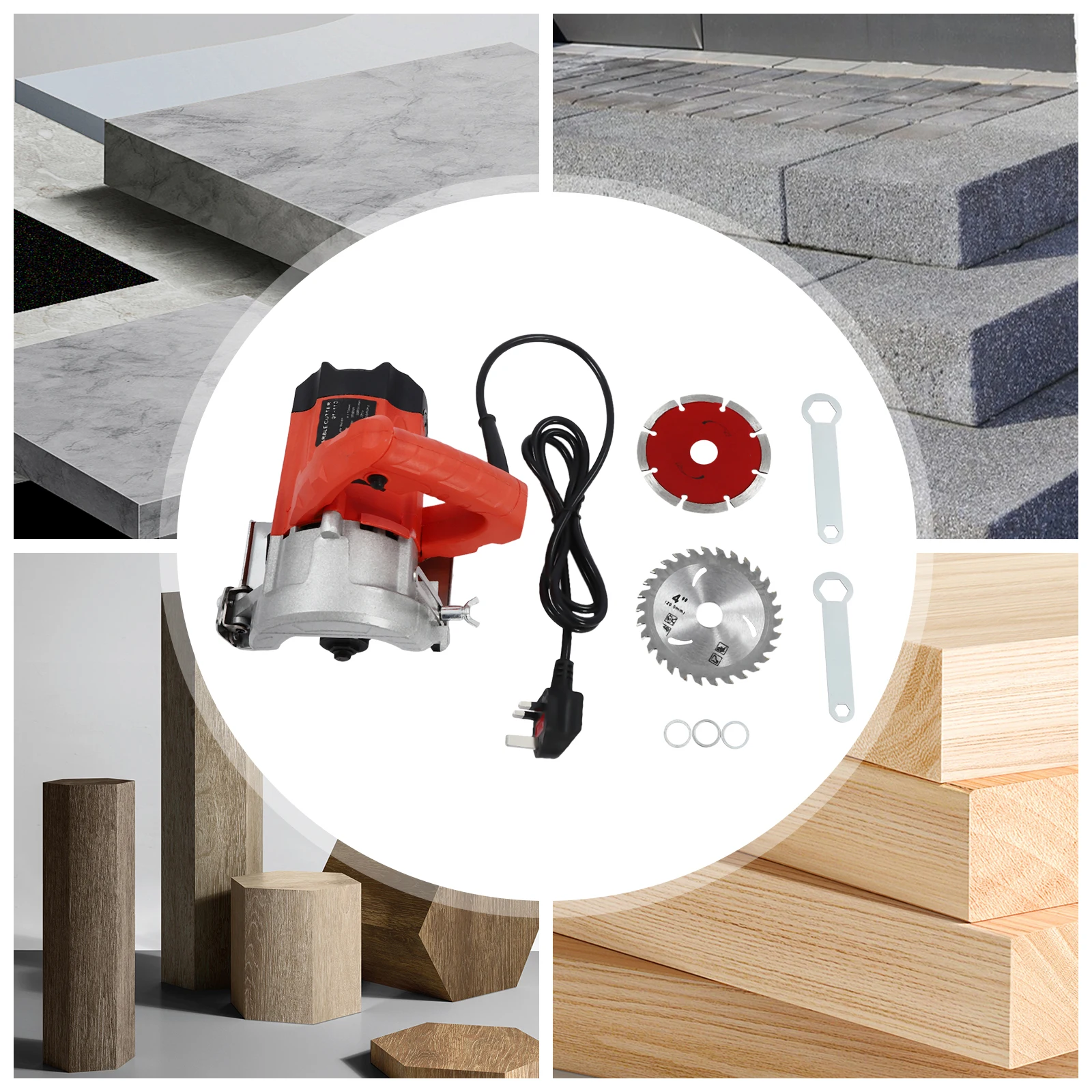 Modern Handheld Cutting Machine 1580W Red Corded Electric Saw 2 Blades 0-45° Bevel Angle for Cutting Stone and Wood