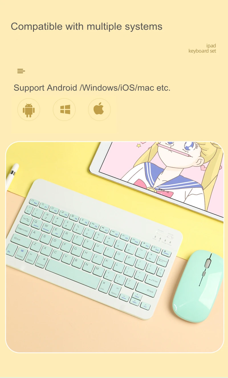 Rechargeable Tablet Wireless Bluetooth Keyboard Mouse Set For Laptop Phone iPad Samsung iOS Android Windows Green White Black - Image 2