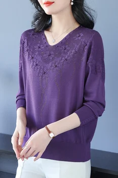 T-shirt sottile in maglia di seta di gelso da donna primavera autunno Bling Bling di fascia alta 1