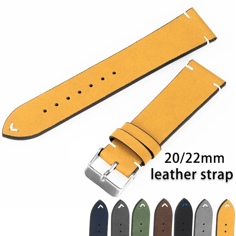 Vintage Leather Watch Strap with Handmade Stitching and Quick Release - 20mm/22mm
