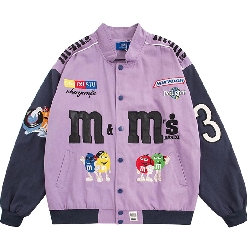 

Fall High Street Harajuku Motorcycle Jacket Men Hip-Hop Loose Couple Cartoon Embroidery Colorblock Baseball Coats Streetwear New