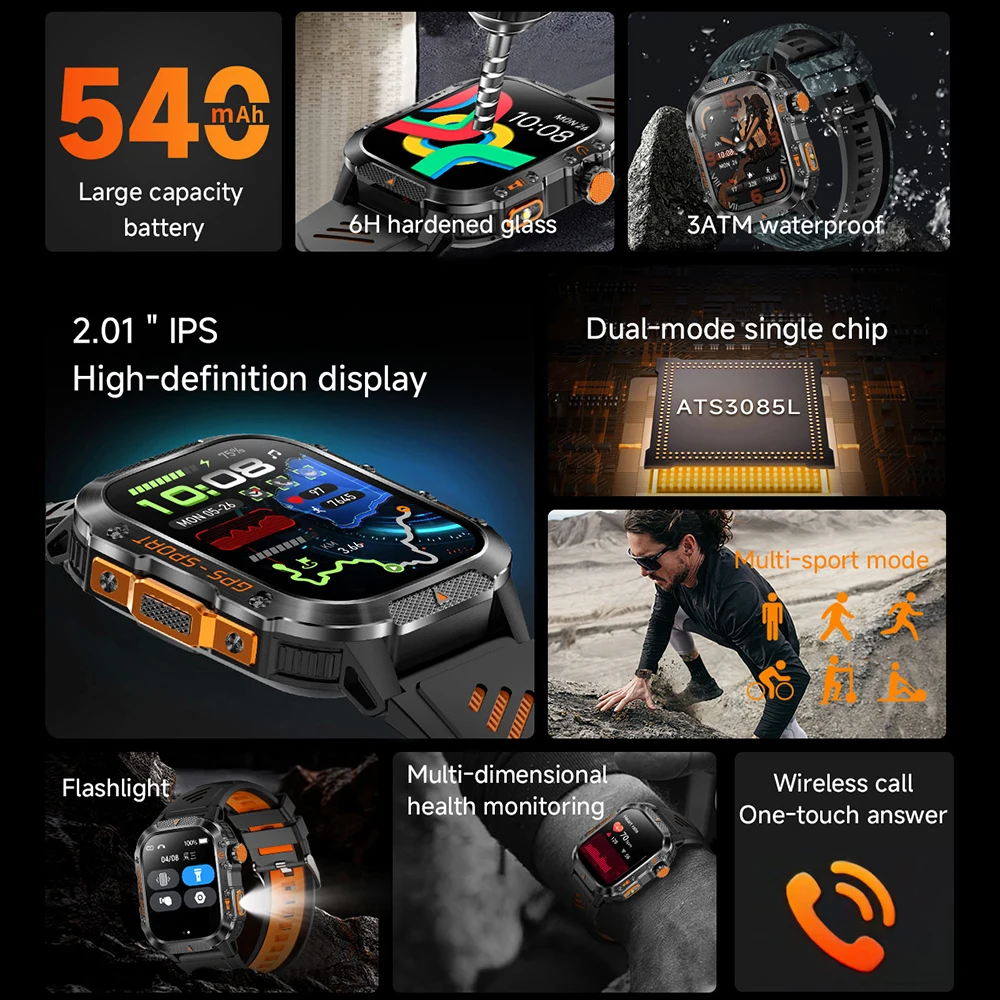 2025 New GPS Satellite Positioning Smart Watch Men Flashlight Compass 30M Waterproof Bluetooth Call Smartwatch Android IOS