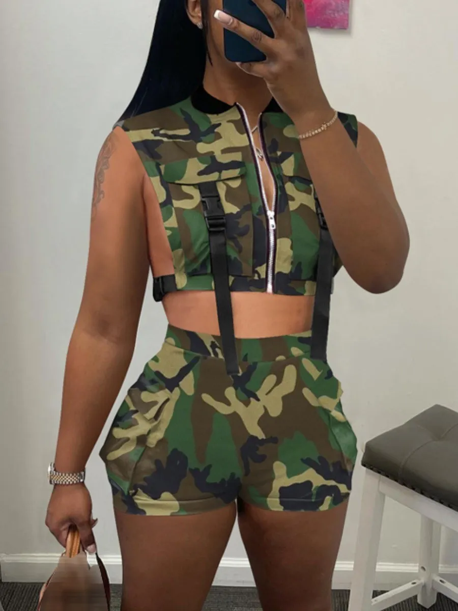 

LW Camo Print Buckle Design Side Pocket Y2k Shorts Set Zipper Up Sleeveless Crew Neck Top&Matching Casual Bottoms Stylish 2PC