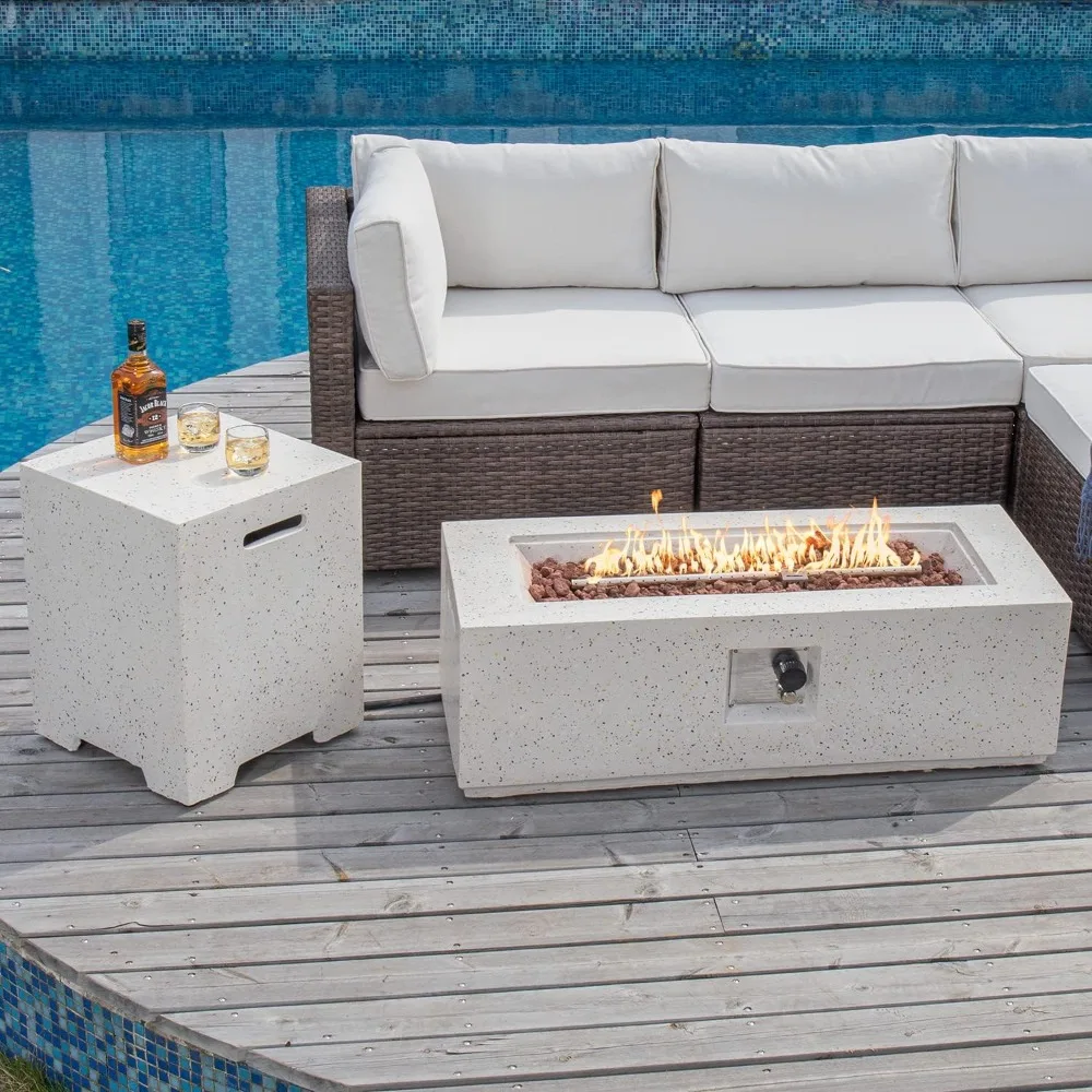 Outdoor Propane Fire Pit Table Set 2-Piece 42-inch Terrazzo Rectangle 50000 BTU 16 Inches Cover Side 20lb