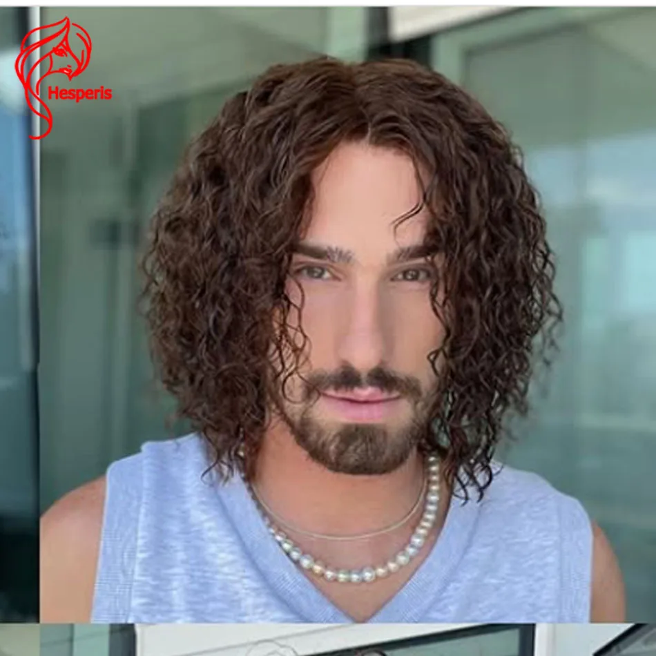 Hesperis Curly Human Hair Wigs For Men Brown Color4 Cuts Curly Full Lace Wig With Bangs Brazilian Remy Pixie Cut Short Men Wigs