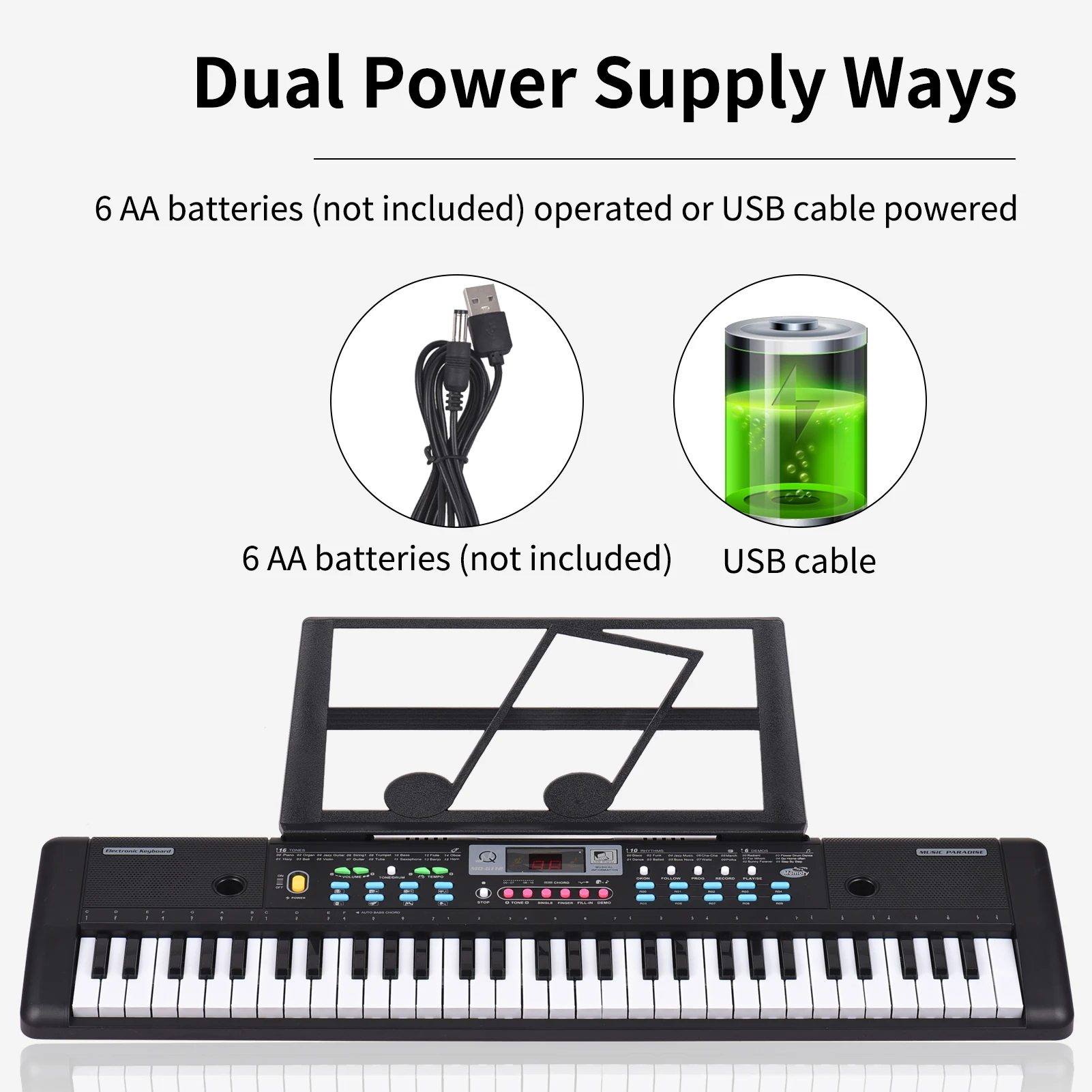 61 Keys USB Kids Electric Piano with Mic Digital LED Display Built-in Dual Stereo Speakers with 16 Tones 10 Rhythms 6 Demo Songs