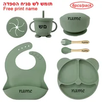 Baby Feeding Plate Sets Suction Bowl Silicone Plate For Kids 6Pcs Children Tableware Personalized Name Dinner Dishes Cups Spoon 1