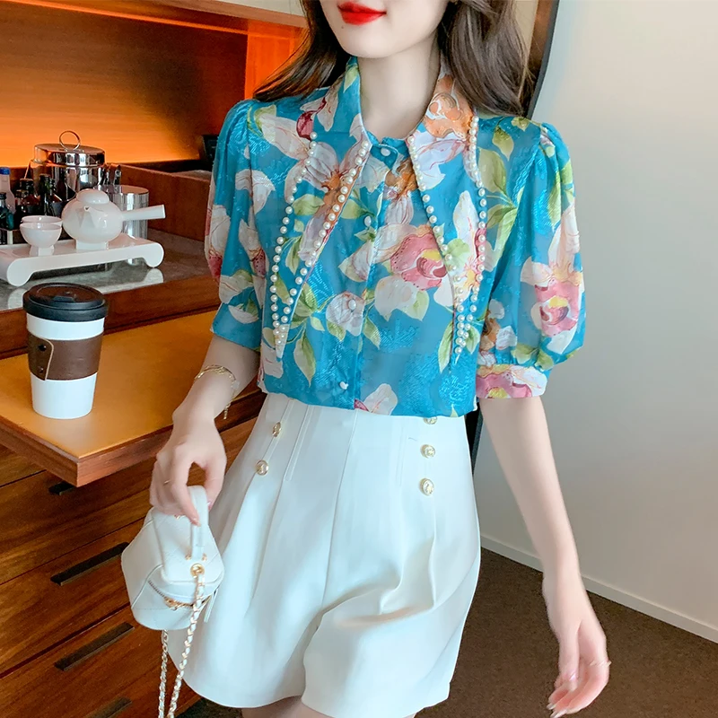 

Shirt Women Summer 2023 New Floral Printed Blouses Casual Slim Fit Short Puff Sleeves Top Turn-down Collar Beaded YCMYUNYAN