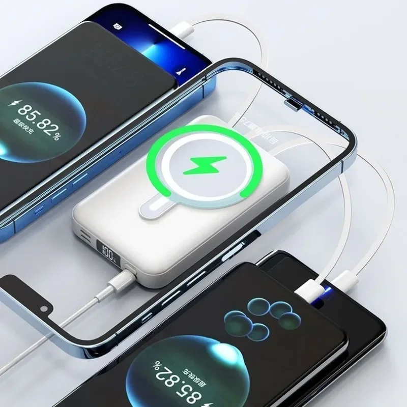 Wireless Magnet with Built-in 3-wire Mini Power Bank 50000mAh Mobile Power Supply, Large Capacity Fast Charging Android Apple