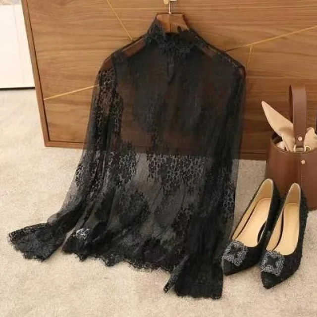 Chemisier Sexy en dentelle pour femmes, manches longues évasées, col haut, vêtements intérieurs, chemise en dentelle, tunique de Base, haut Perspective, bas Vintage 1