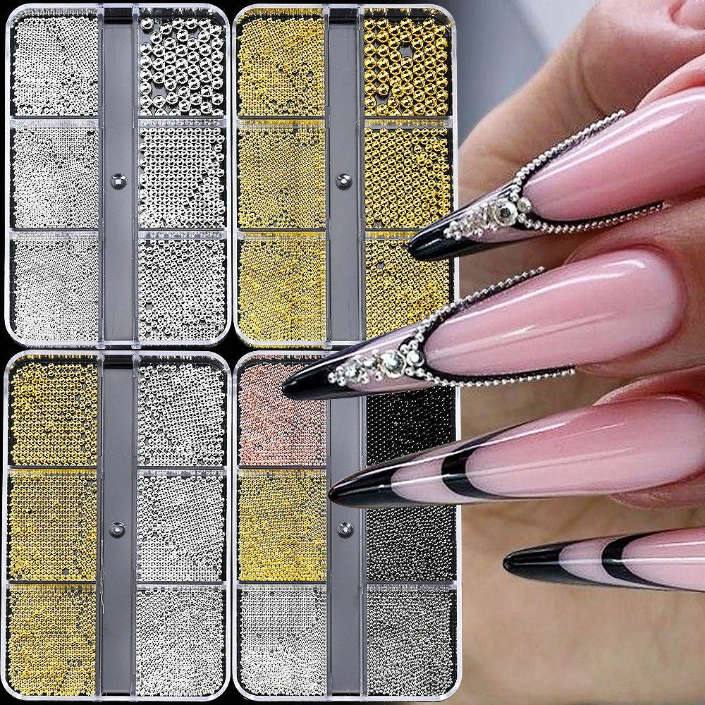 6 Grid Silver Mixed Size Stainless Steel Metal Bead Nail Art Decoration 3D Mini Small Caviar Ball Sliver Charm Pearl Nail Art M%