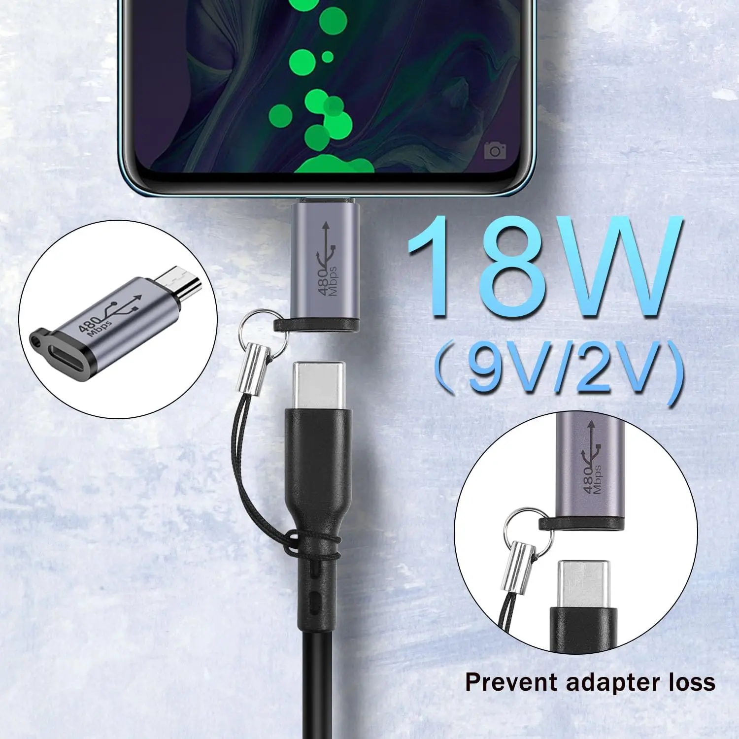 마이크로 USB 수-USB C 암 충전 데이터 커넥터, 480Mbps USB 2.0 플러그-USB C 잭 어댑터, MP3 용, 18W, 1 개