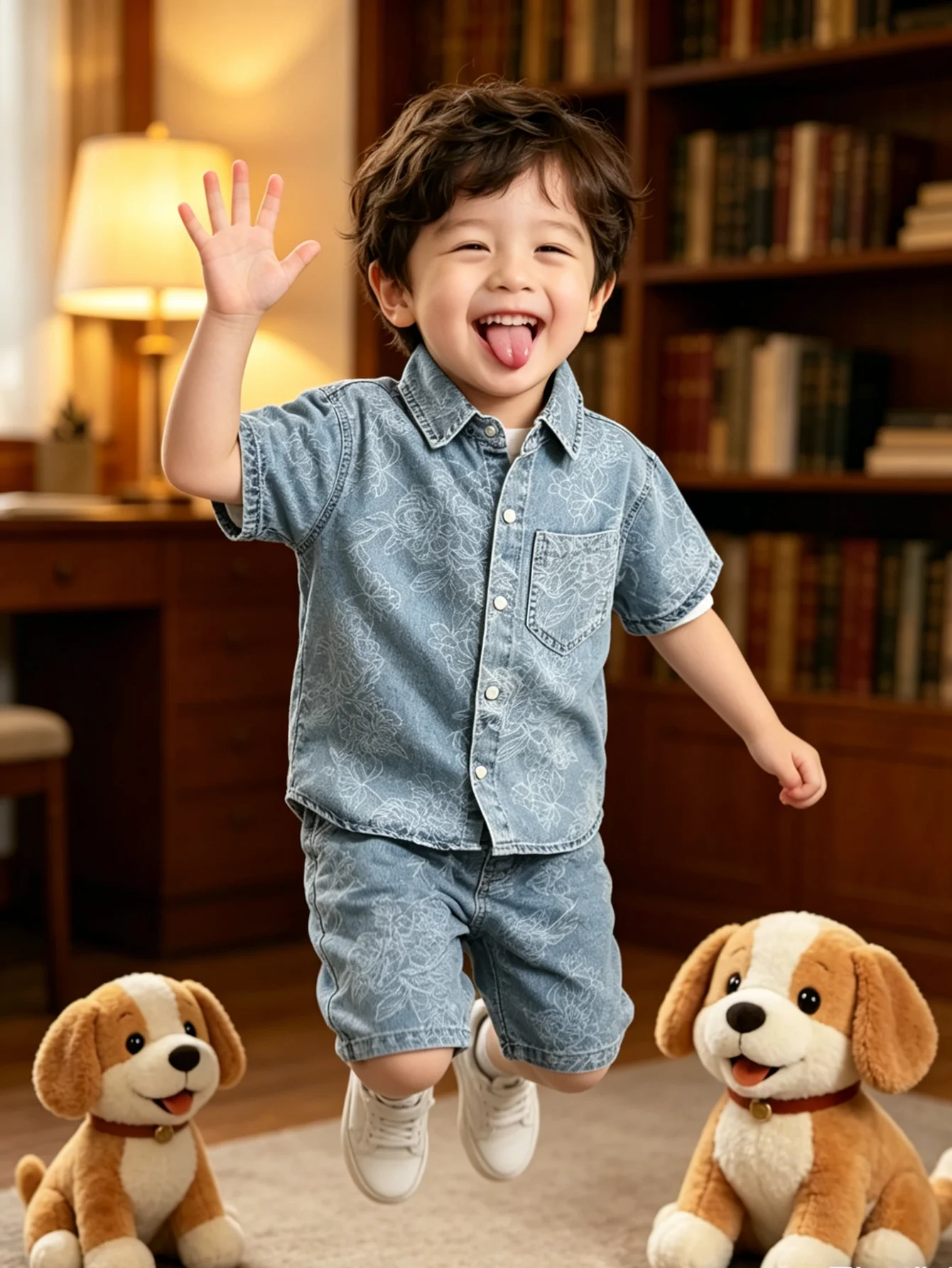 Toddler Boy Denim Co-ord Set, Floral Embossed Short Sleeve Shirt & Matching Shorts, Light Wash Summer Casual Wear For Kids 6