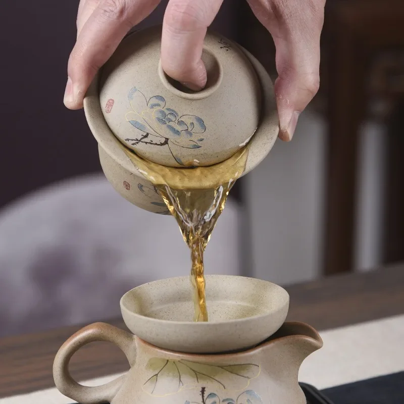 Jingdezhen Ceramic Gaiwan Bowl Chinese Style Stoneware Retro Tea Set Handmade Bubble Tea Bowl Travel Cup 150ml