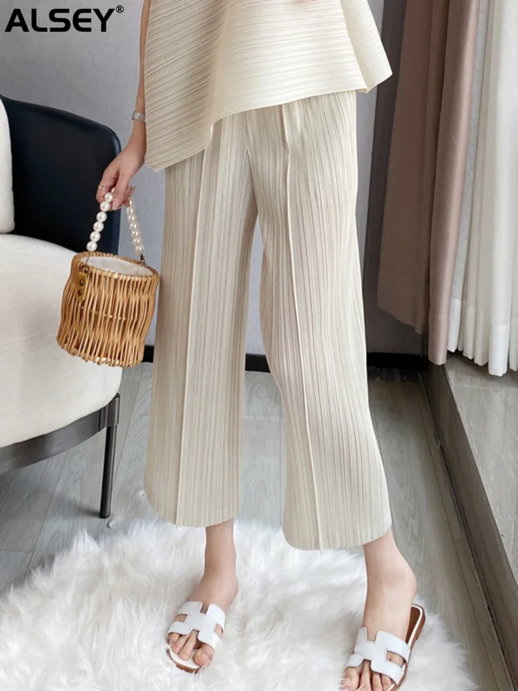 

ALSEY Women's Pleated Pants Solid Color High Waist Wide Leg Loose Fashion Casual Style Basic Women's Pants 2023 New Summer