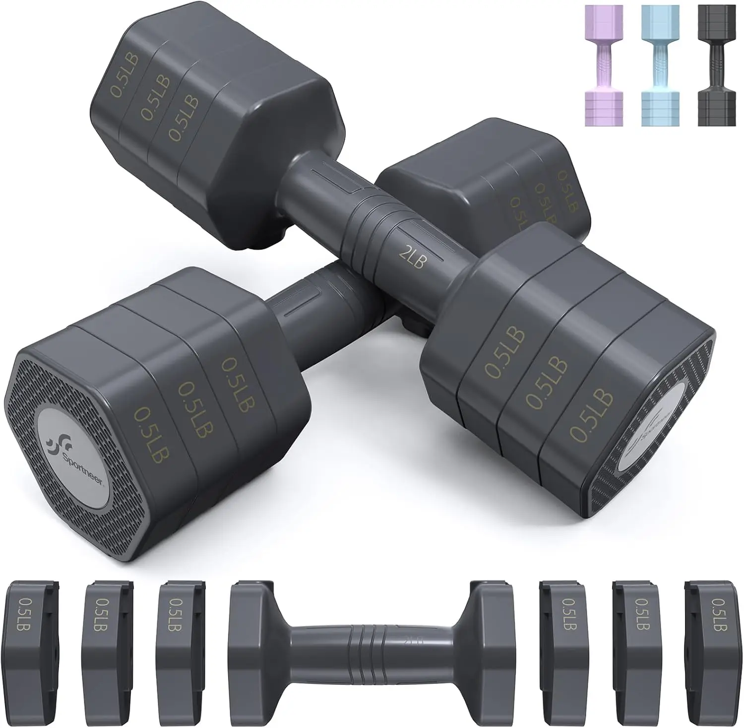 Sportneer Adjustable Dumbbells 4 In 1 Hand Weights Set 2lb 3lb 4lb 5lb Fast Adjust Dumbbell Set for Men Women Home Gym Workout