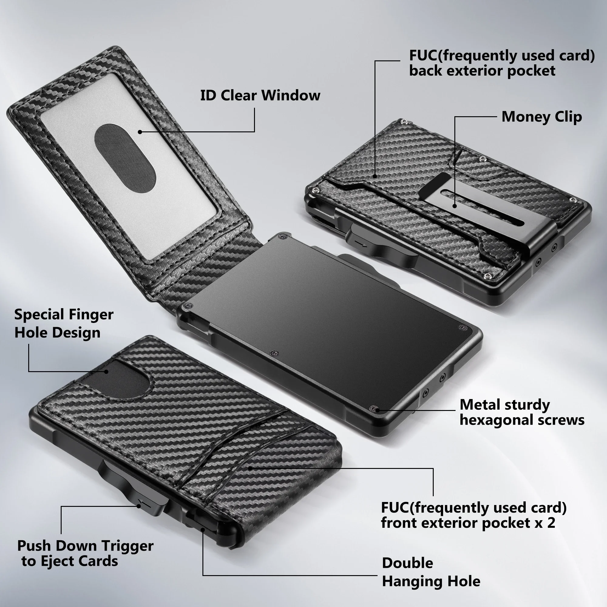 Portafoglio da uomo minimalista, porta 9-13 carte, sottile e compatto con fermasoldi, finestra per documenti, blocco RFID, porta carte smart pop-up. - immagine 2