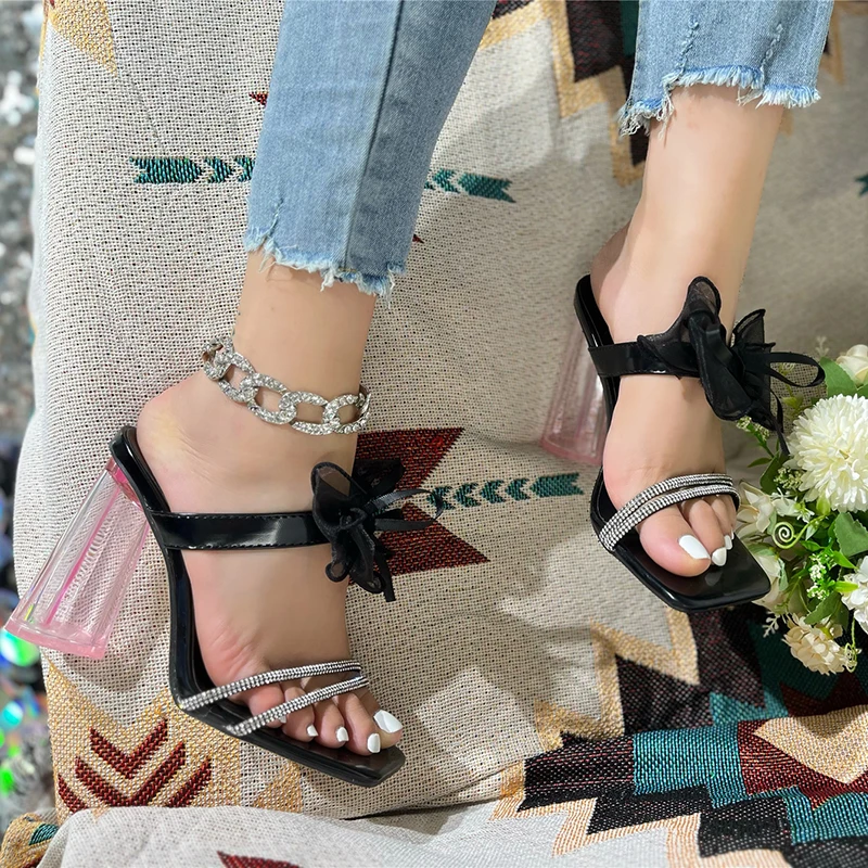 Kcenid Ladies Shoes Summer Crystal Narrow Band Butterfly-knot Slippers Woman Transparent Square Heel Party Zapatos De Mujer