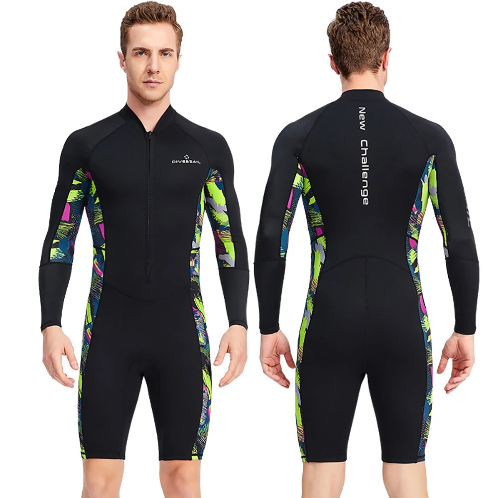 1.5mm Neoprene Shorty Mens Wetsuit UV-proof Front Zip Lycra Long Sleeves Diving Suit for Underwater Snorkeling Swimming Surfing