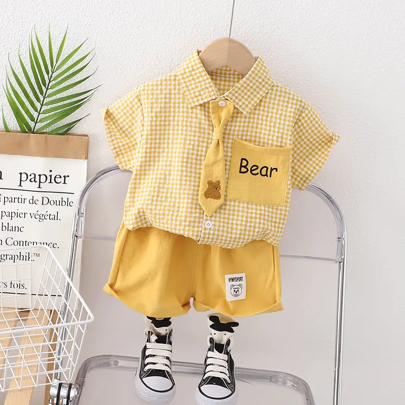 Summer Casual Newborn Baby Boy Toddler Causal ClothesPlaid Shirt Tops Pants 2Pcs/Set With Tie Cotton Kids Outfits Clothing Suit