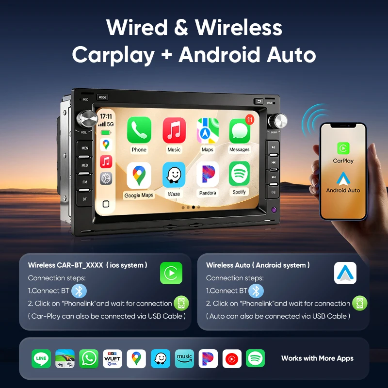 AINAVI Pantalla táctil IPS inalámbrica de 7 pulgadas para coche, CarPlay, Android Auto, estéreo para coche, navegación GPS para VW Passat B5 Golf 4 MK4 MK5 Polo Bora Jetta Sharan Transport T5, radio FM con Bluetooth 3