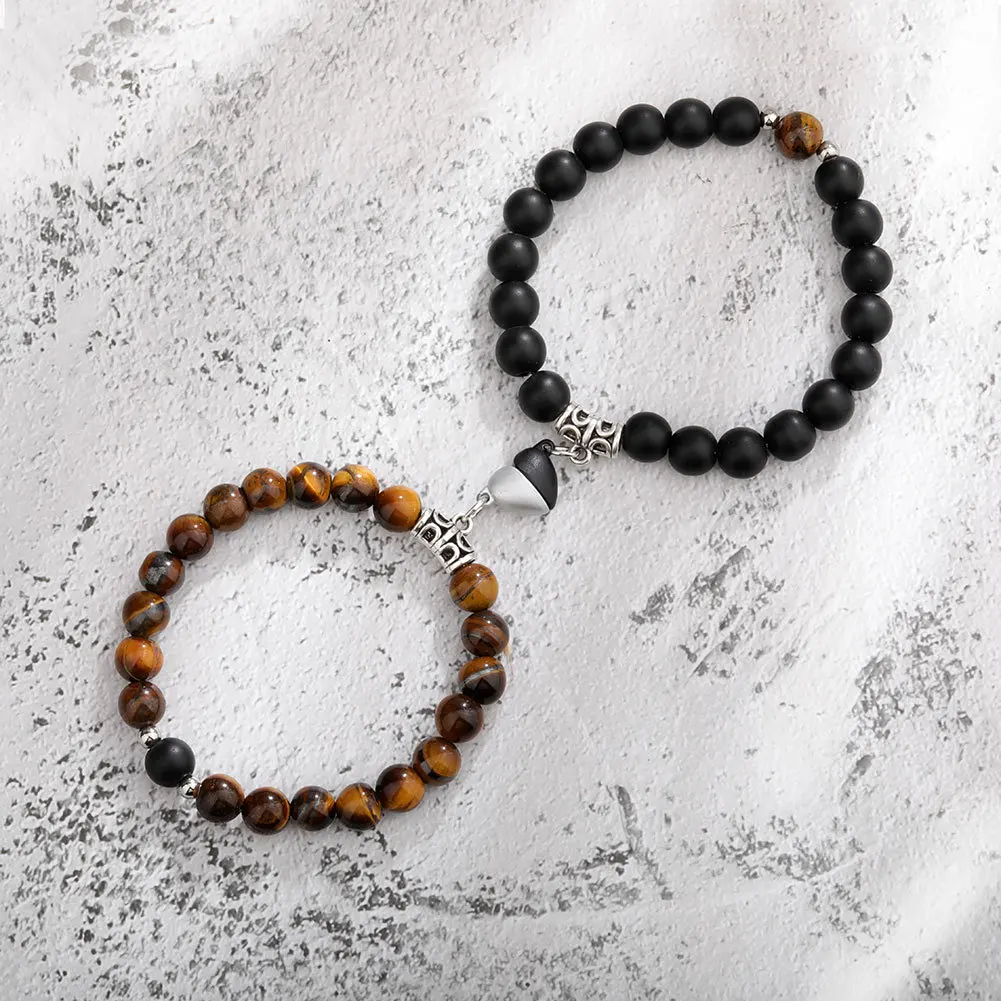 Natural Stone Beaded Heart Magnet Attraction Couple Bracelets for Women Men Simple Love Relationship Bracelet Jewelry 2Pcs/Set