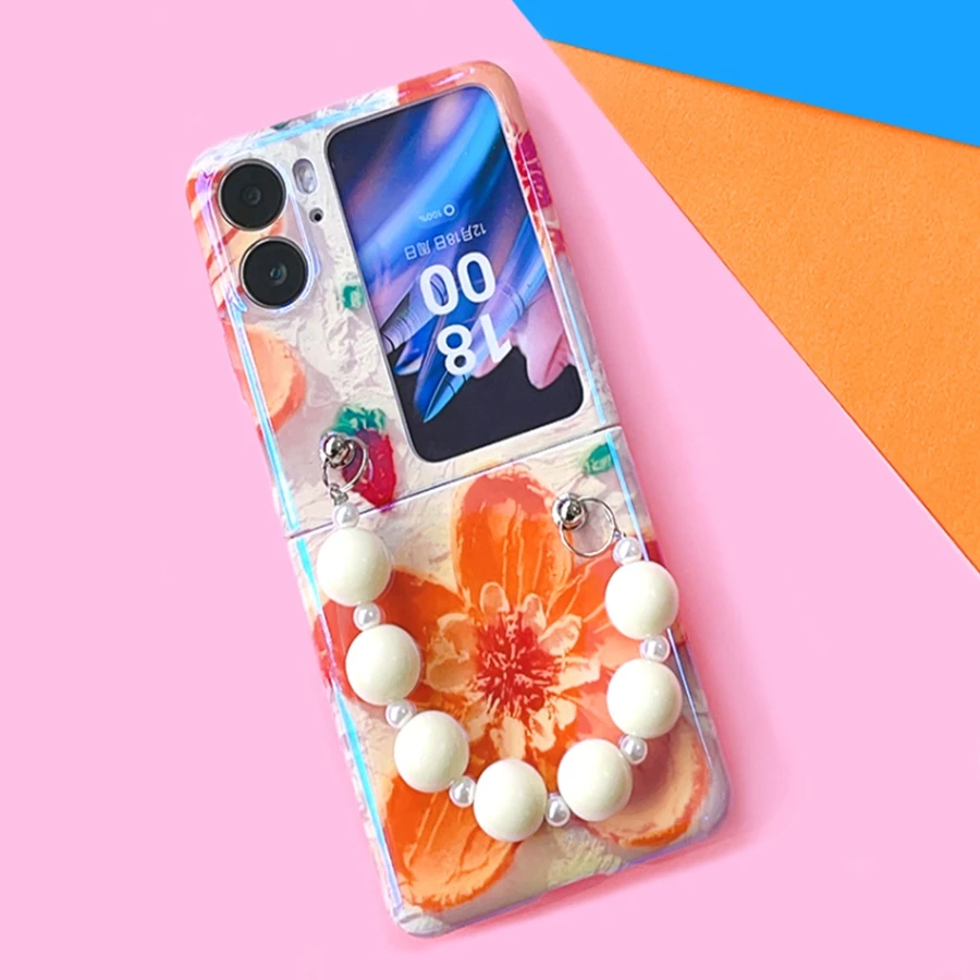 Cool Blu-Ray Cute Flower Pattern Cover Crossbody Case Per Oppo Find N2 Flip Bead Bracciale A Catena Portatile