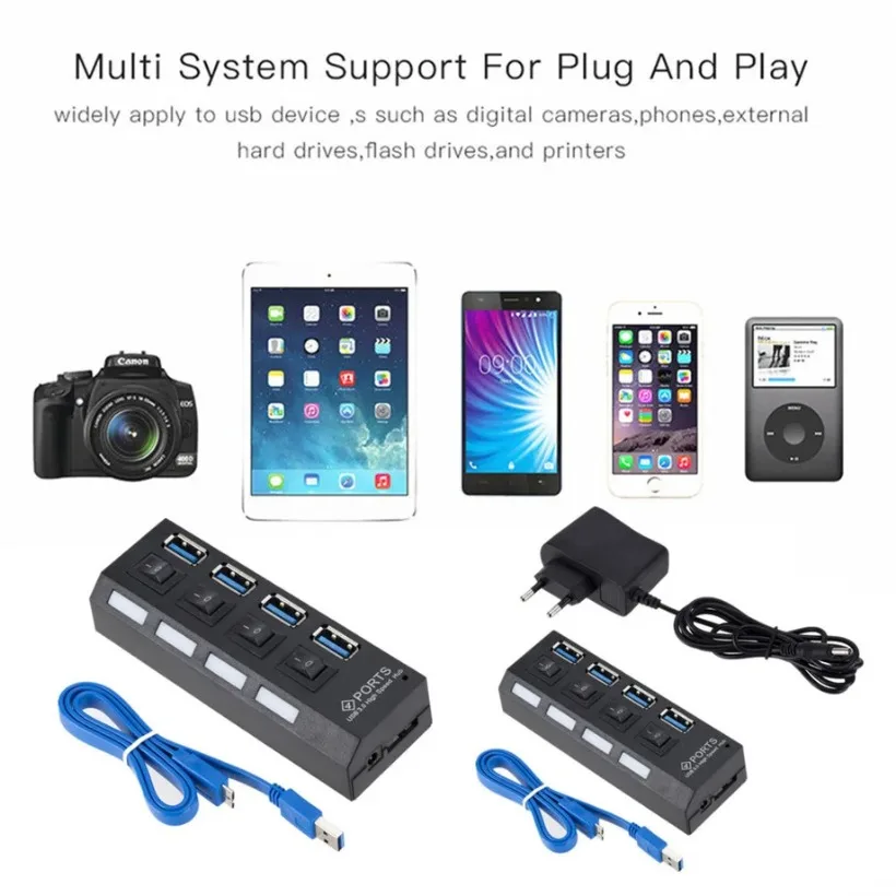 Compact High-Speed 4-Port USB HUB with External Power Adapter
