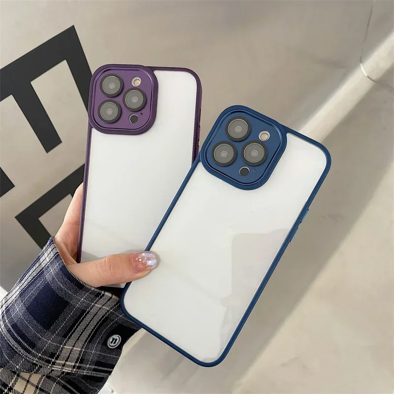 

Luxury Clear Acrylic Shockproof Phone Case For iPhone 14 15 Pro 13 12 11 Pro Max Solid Transparent Lens Protection Back Cover