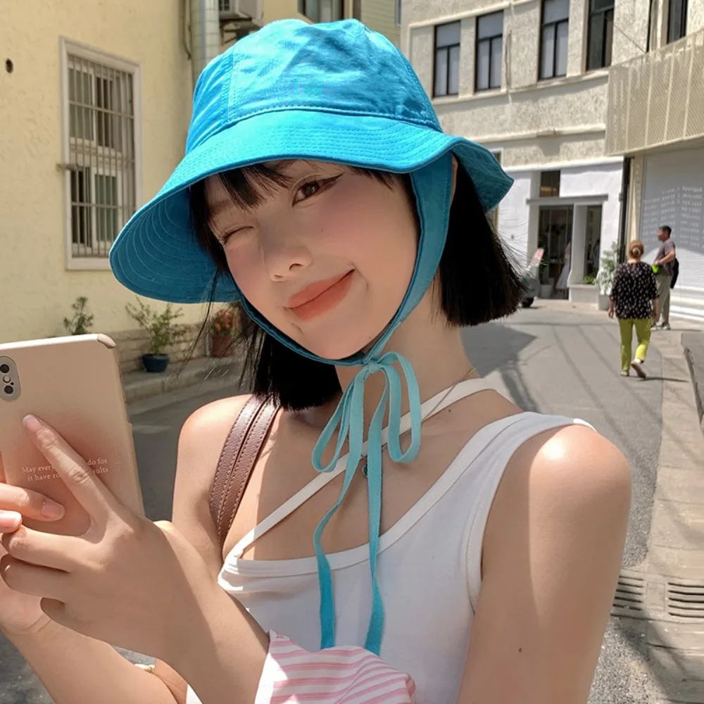 얼굴 표시 스트랩 버킷 모자, 챙 넓은 자외선 차단, 레이스업 모자, 스트링 어부 모자, 여성 패션