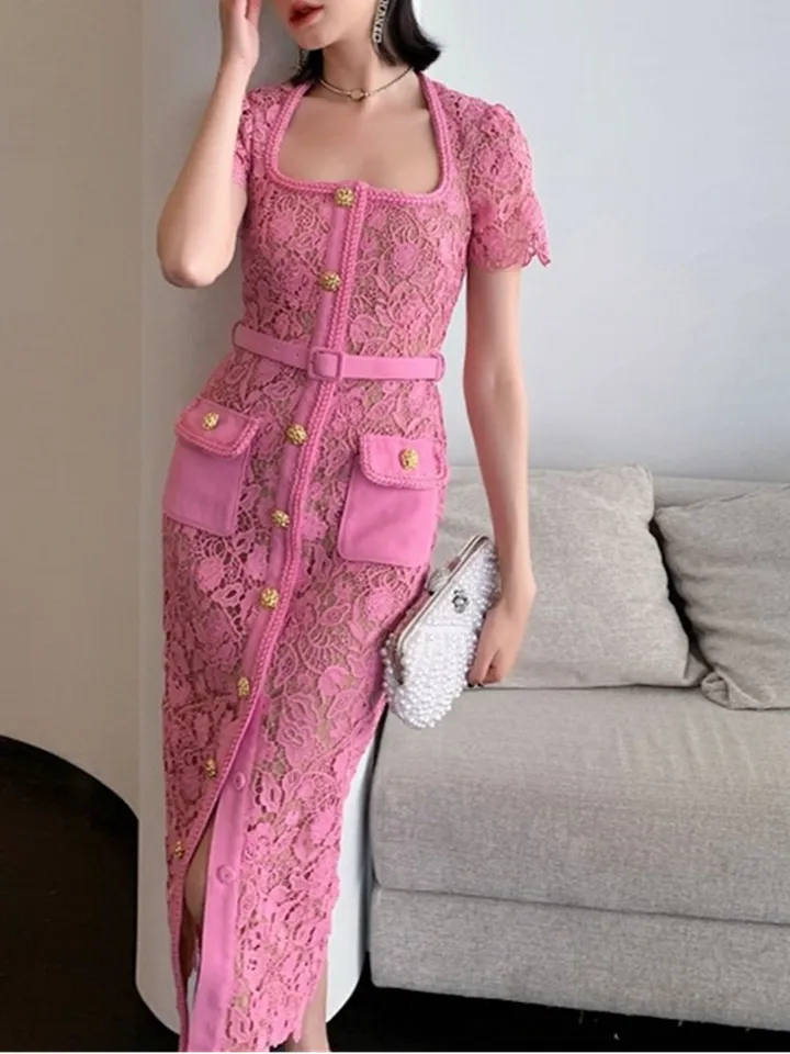 chinese dress ladies Vintage Botanical Print Lace Dress with Belt, Apricot Floral / L