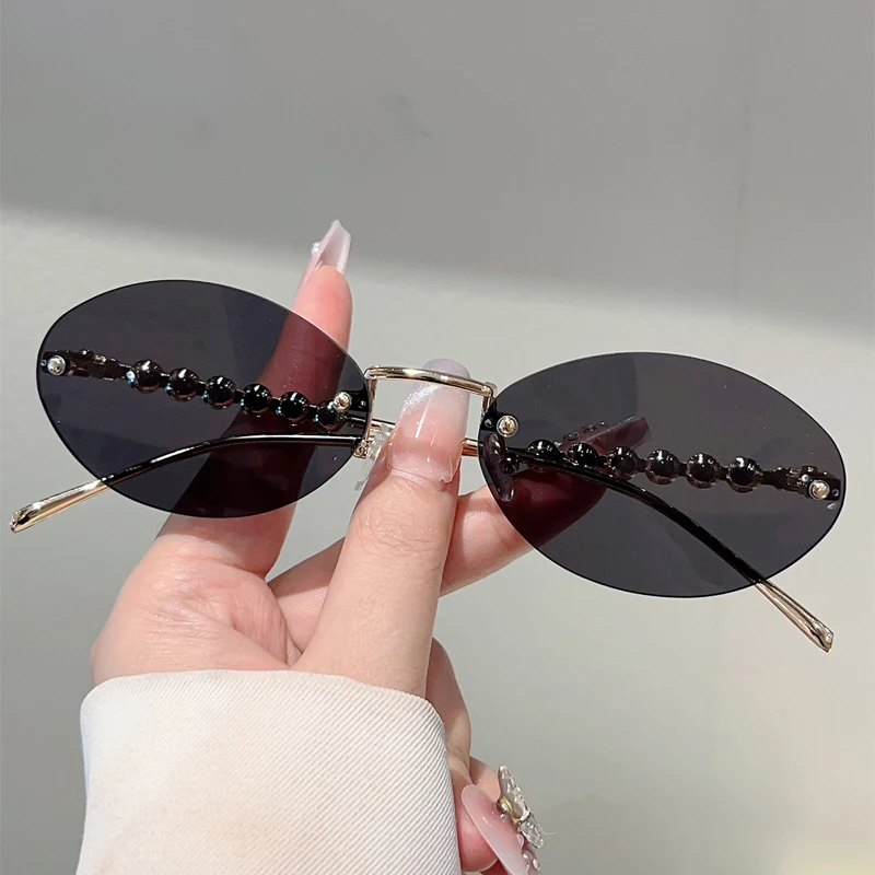 KAMMPT Randlose ovale Sonnenbrille mit Perlen für Damen, stilvoll, Vintage-Dekor, neue trendige Luxus-Markendesign, lässige Sonnenbrille – Detail 11