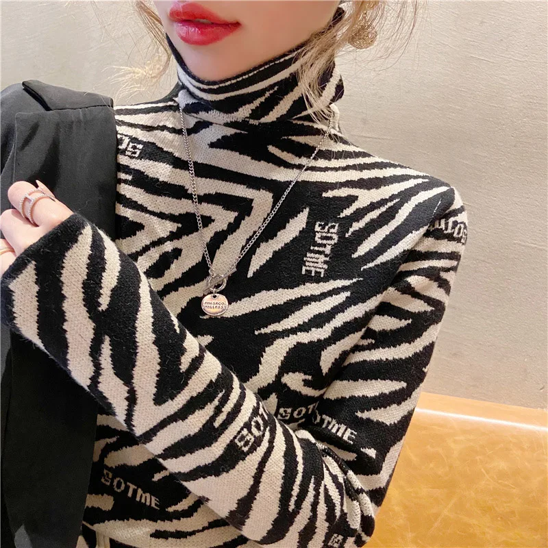 

Women Zebra Stripes Jacquard Slim Knitwear Spring Vintage Fashion Pullover Knitted Sweaters Fashion Turtleneck Soft Knitwear