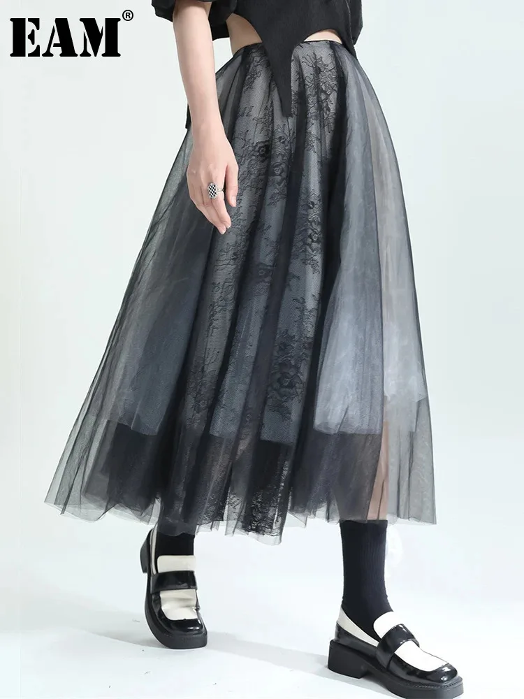 

[EAM] High Waist Black Five Layers Long Mesh Lace Elegant Half-body Skirt Women Fashion Tide New Spring Autumn 2024 1DE8289