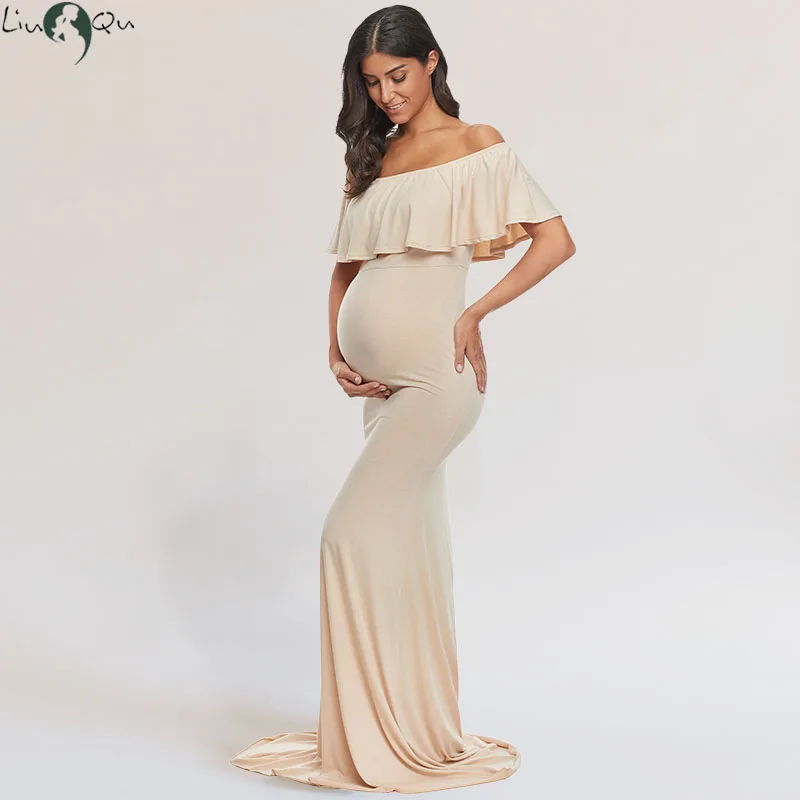 Liu&Qu Women Maternity Photo Shoot Dresses Elegant Slim Robe Pregnancy Photography Dress Off Shoulder Long Dresses Party Clothes